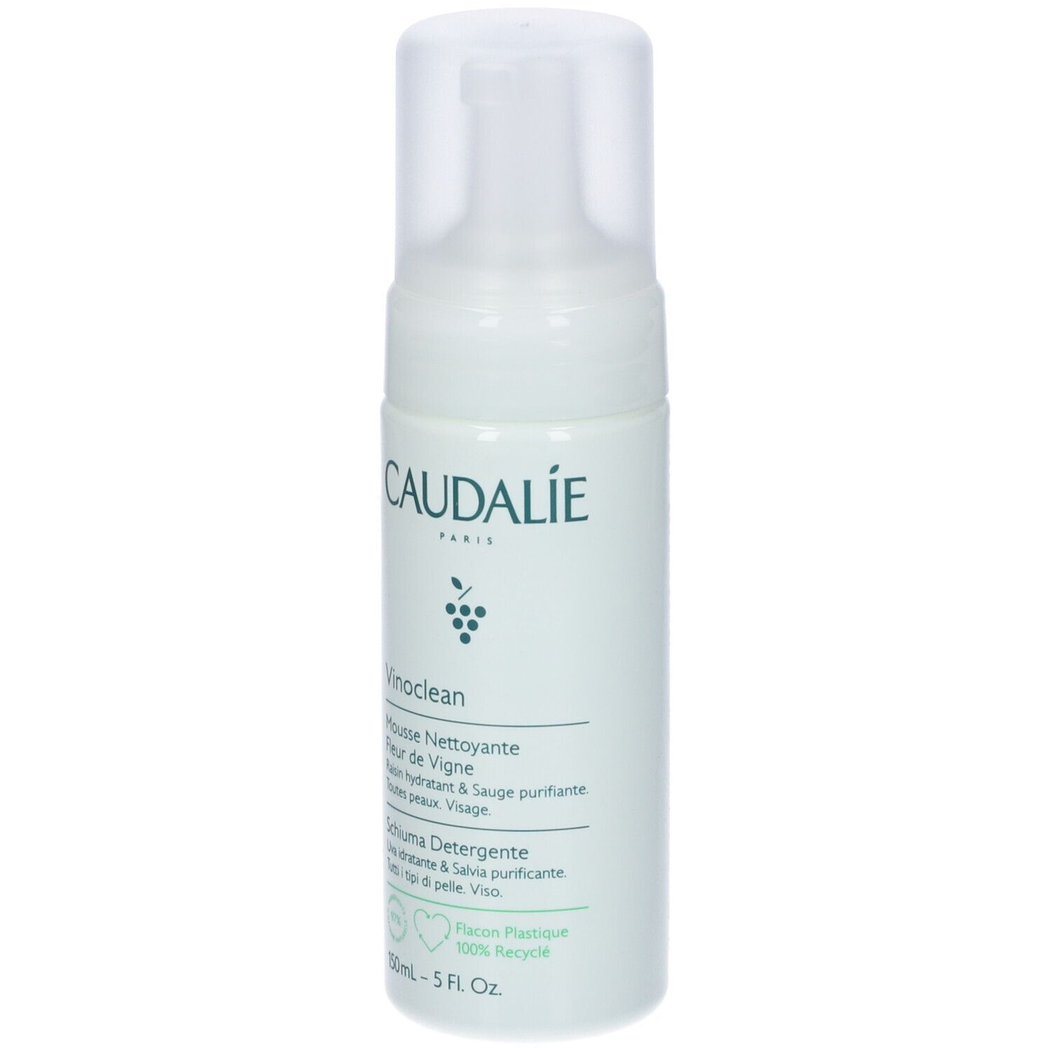 Flacone bianco con erogatore. Scritta Caudalie, Vinoclean, Mousse Nettoyante. 150ml, 5 Fl. Oz.
