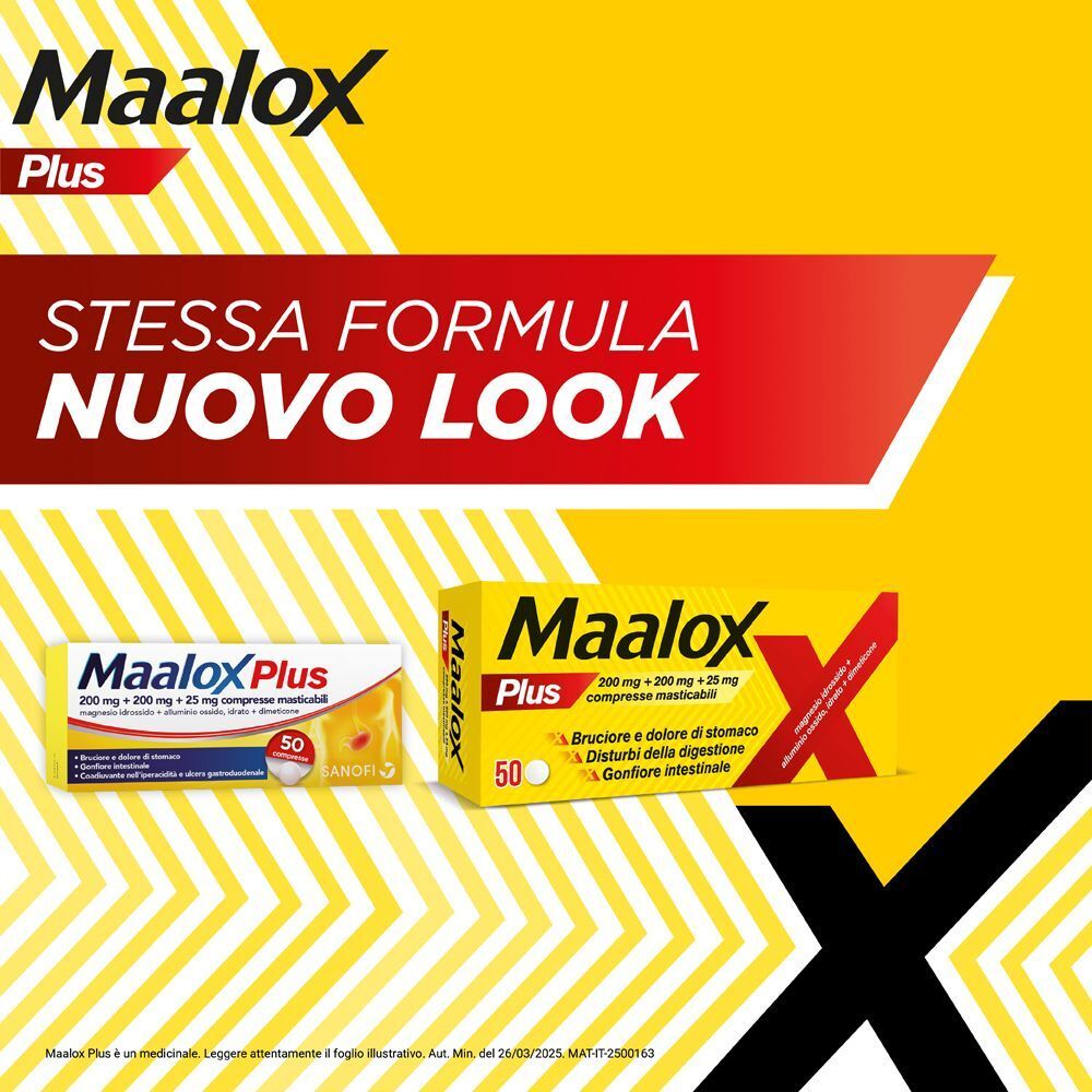 Confezione Maalox Plus e una confezione più piccola. Testo: "Stessa formula, nuovo look".
