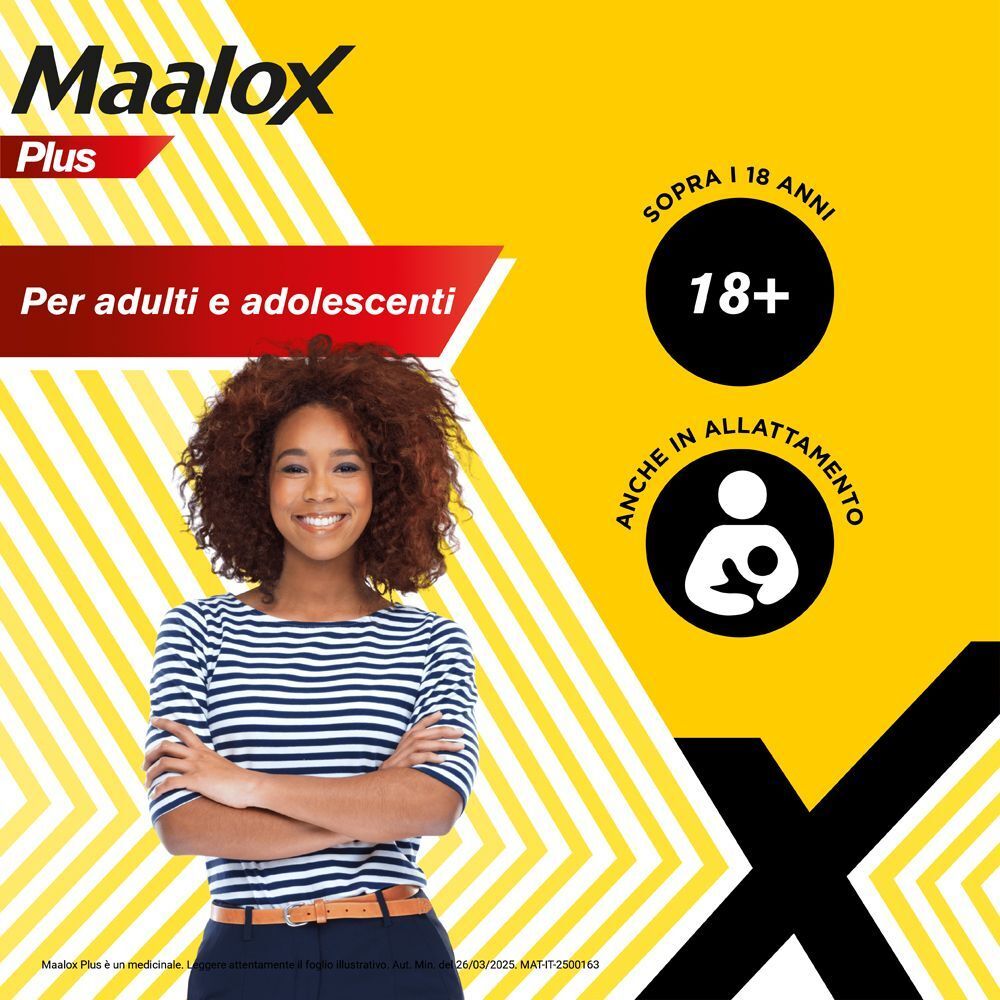 Maalox Plus per adulti e adolescenti dai 18 anni. Simbolo per donne in allattamento.