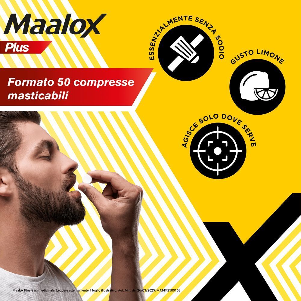 Maalox Plus, 50 compresse masticabili. Senza sodio. Gusto limone. Uomo tiene una compressa.