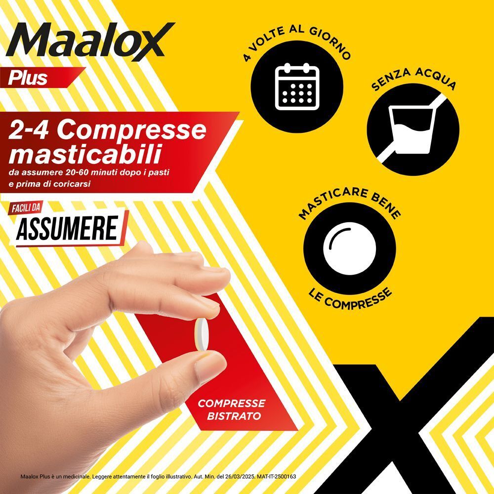 Maalox Plus: 2-4 compresse masticabili dopo i pasti. Facili da assumere. Donna tiene una compressa.