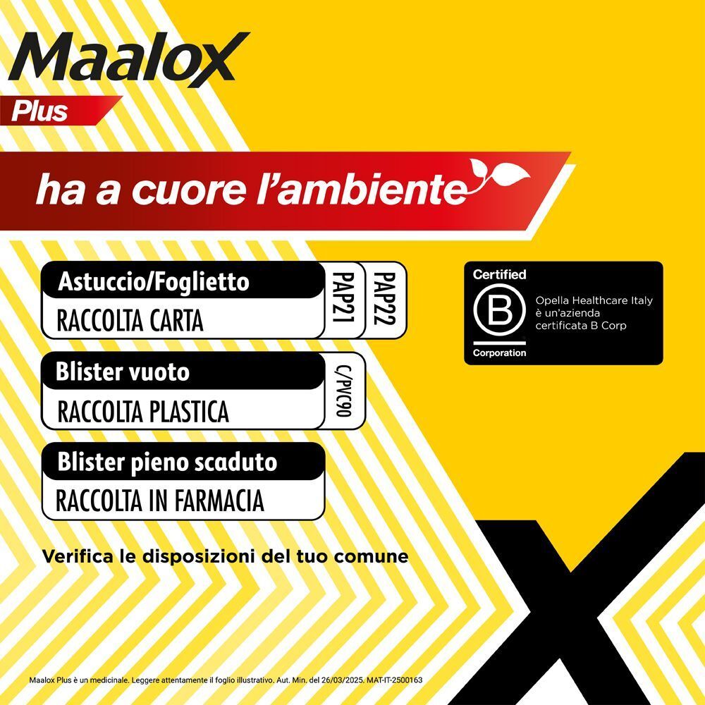 Maalox Plus: Smaltimento ecologico degli imballaggi. Certificazione B Corp.