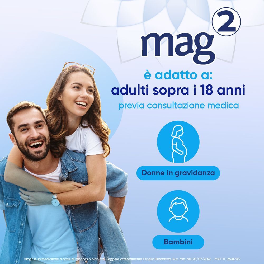Una coppia ride. Il preparato 'mag 2' è adatto per adulti sopra i 18 anni, donne in gravidanza e bambini.