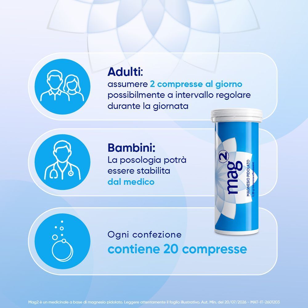 Mag 2 Magnesio Pidolato per Stanchezza e Debolezza Muscolare, 20 compresse effervescenti