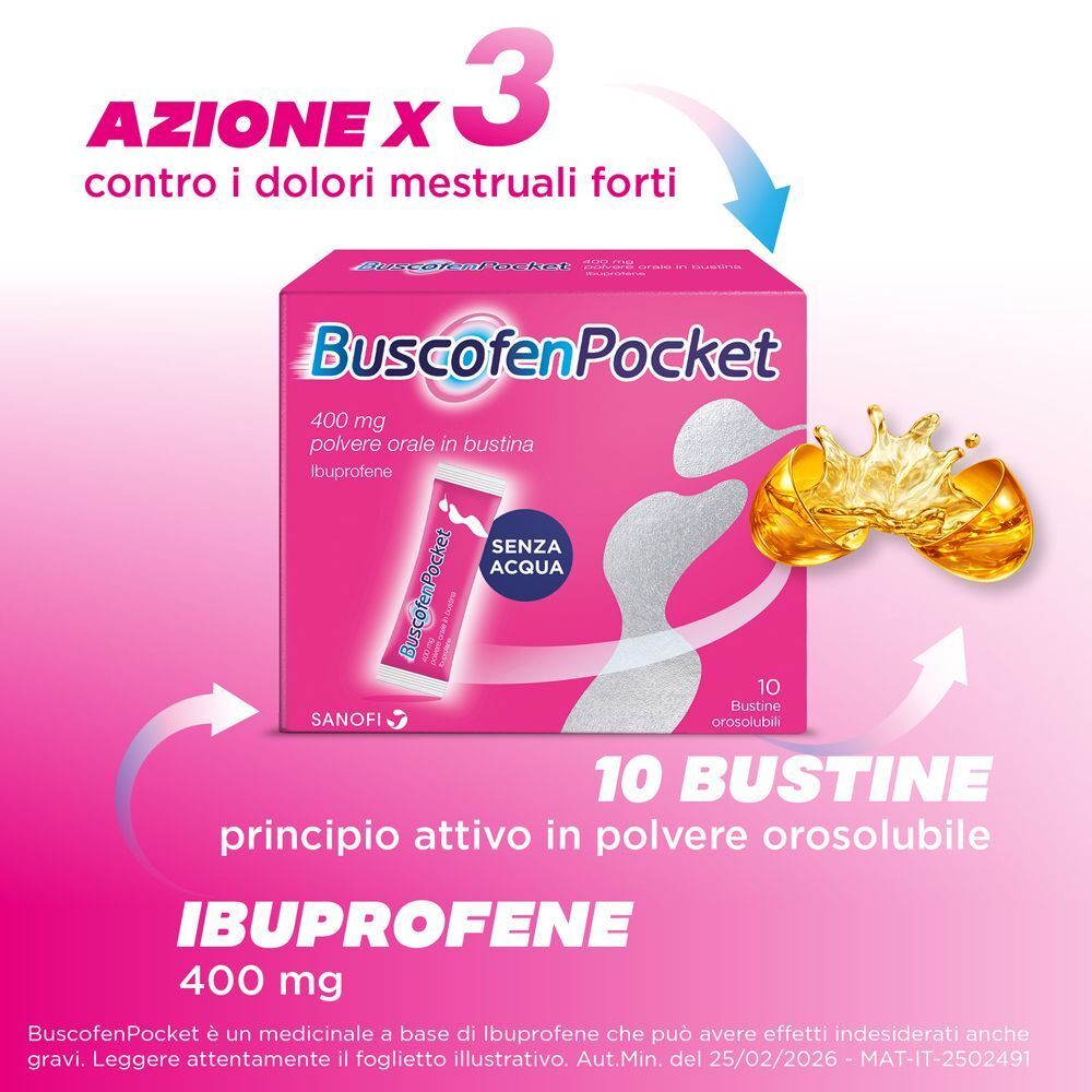 Confezione BuscofenPocket da 10 bustine, ibuprofene 400mg, polvere orosolubile per dolori mestruali.