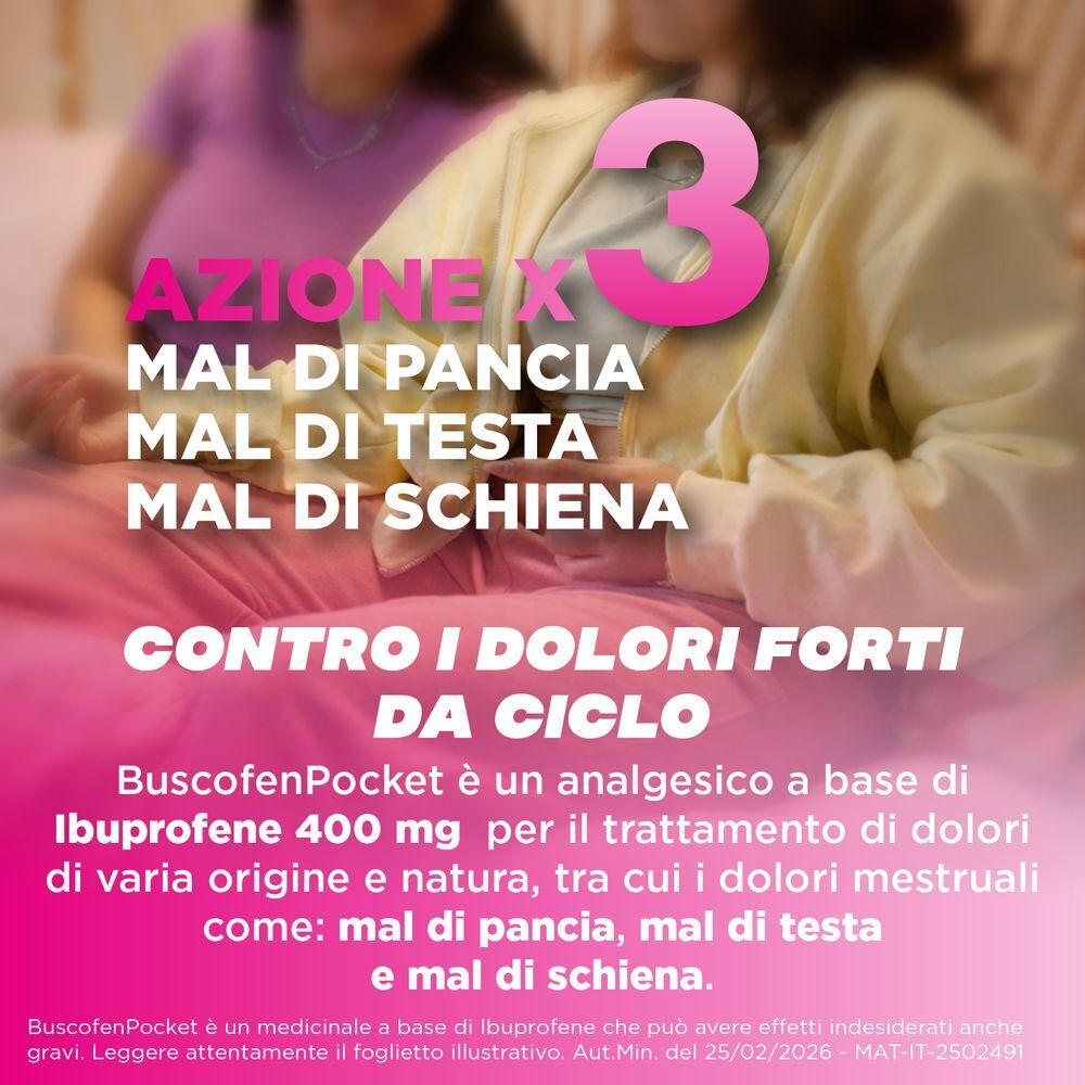 Illustrazione di dolori addominali, mal di testa e schiena alleviati da BuscofenPocket a base di ibuprofene.