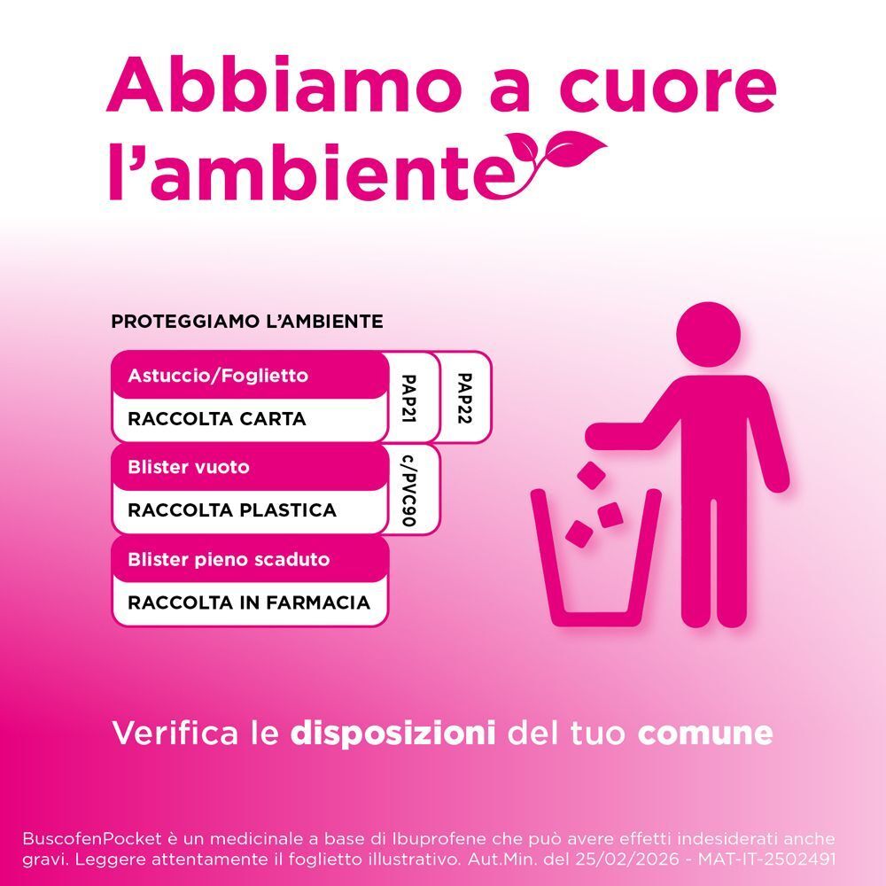 Protezione ambientale: Corretto smaltimento dei materiali di imballaggio BuscofenPocket (carta, blister).