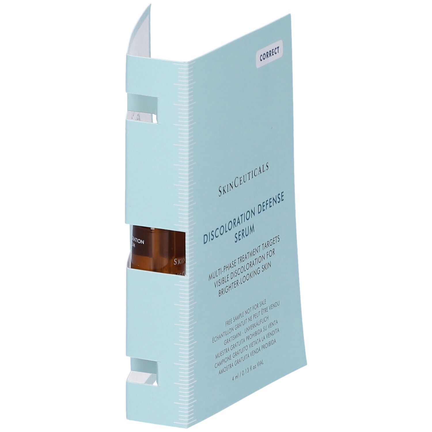 Pieghevole azzurro con nome del prodotto. Contiene piccoli flaconi marroni. Campioni visibili.