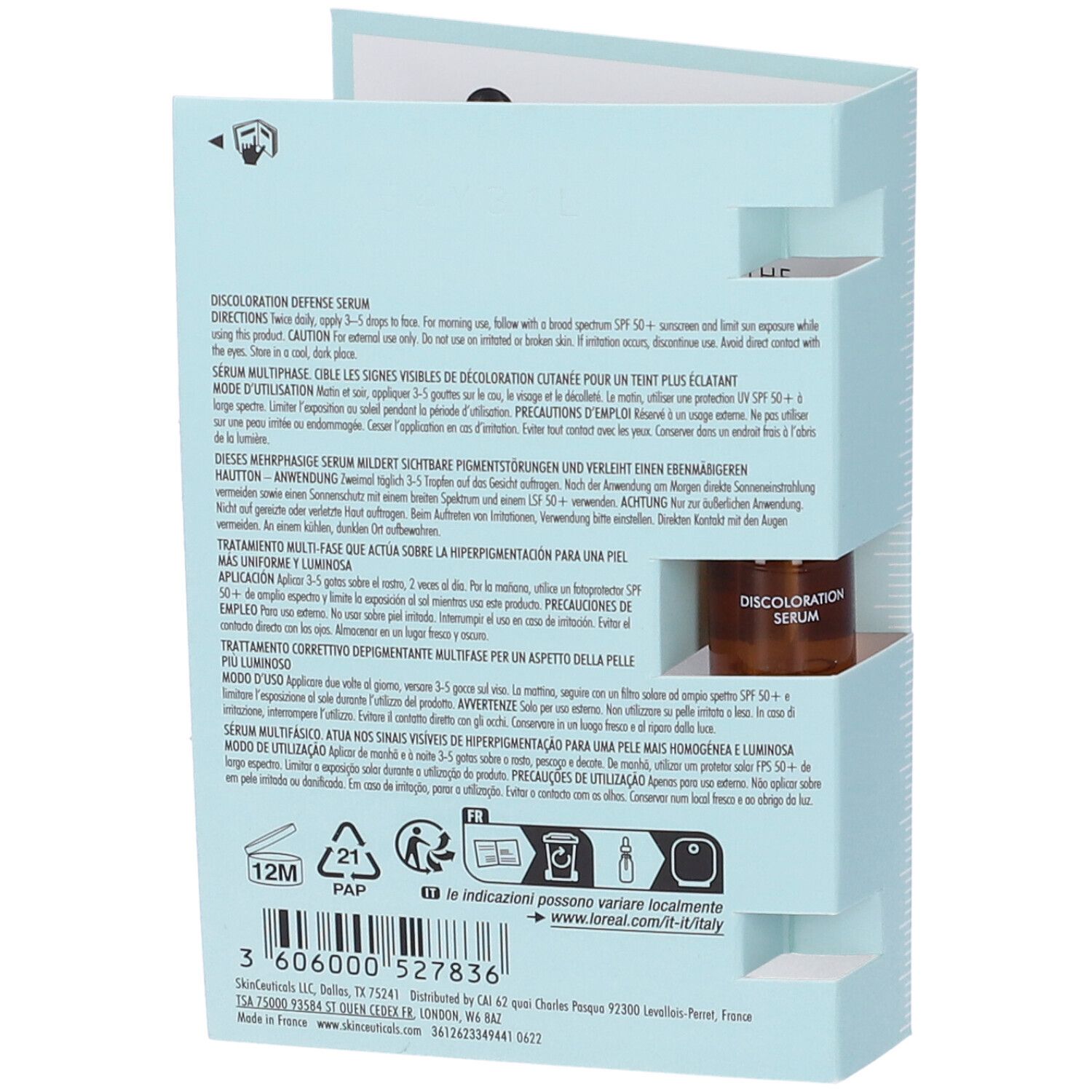 Retro di un pieghevole azzurro. Testo multilingue. Flacone marrone con siero.