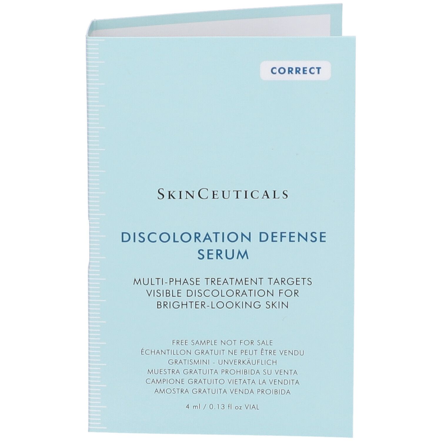 Pieghevole azzurro con nome e testo del prodotto. Contiene un campione. Scala sul bordo.