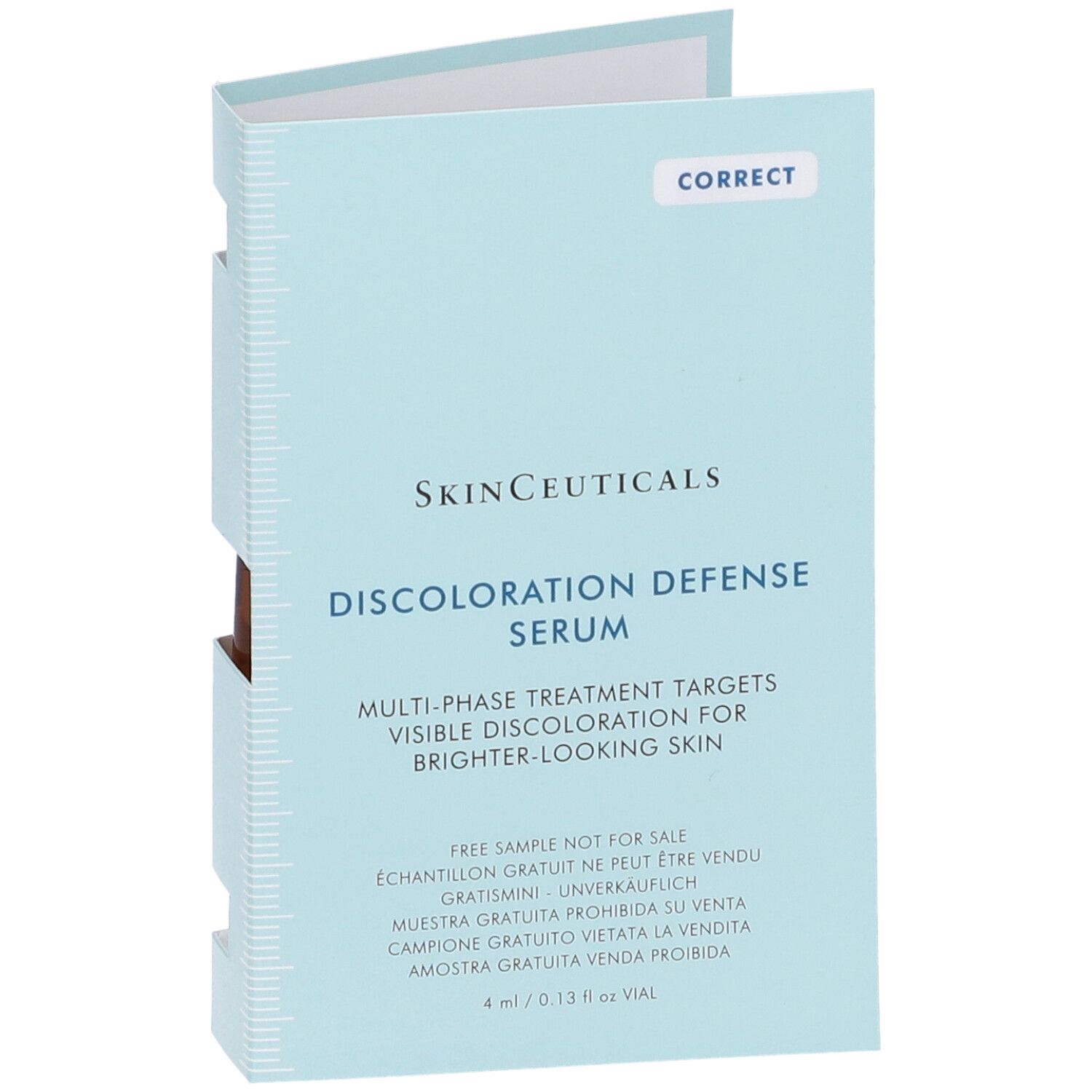 Pieghevole azzurro con nome del prodotto. Contiene piccoli flaconi marroni. Campioni visibili.