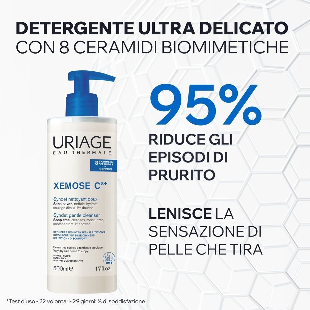 Una bottiglia bianca con tappo ed etichetta blu. Testo: "Uriage Xemose C++".
