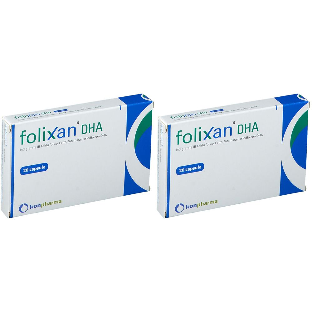 Due confezioni di Folixan® DHA. Confezione bianca con dettagli blu e verdi. Scritta: Folixan DHA, 20 capsule. Marchio: konpharma.