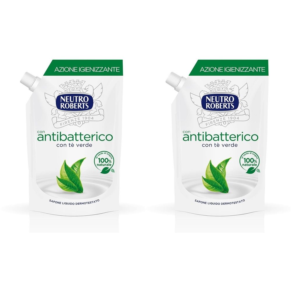 Due ricariche bianche con foglie verdi e testo. Scritta: Neutro Roberts, antibatterico, con tè verde.