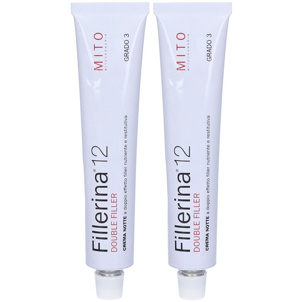 Due tubi di crema. Scritta: Fillerina 12 Double Filler, Mito, Grado 3. Tubi bianchi con tappi argentati.