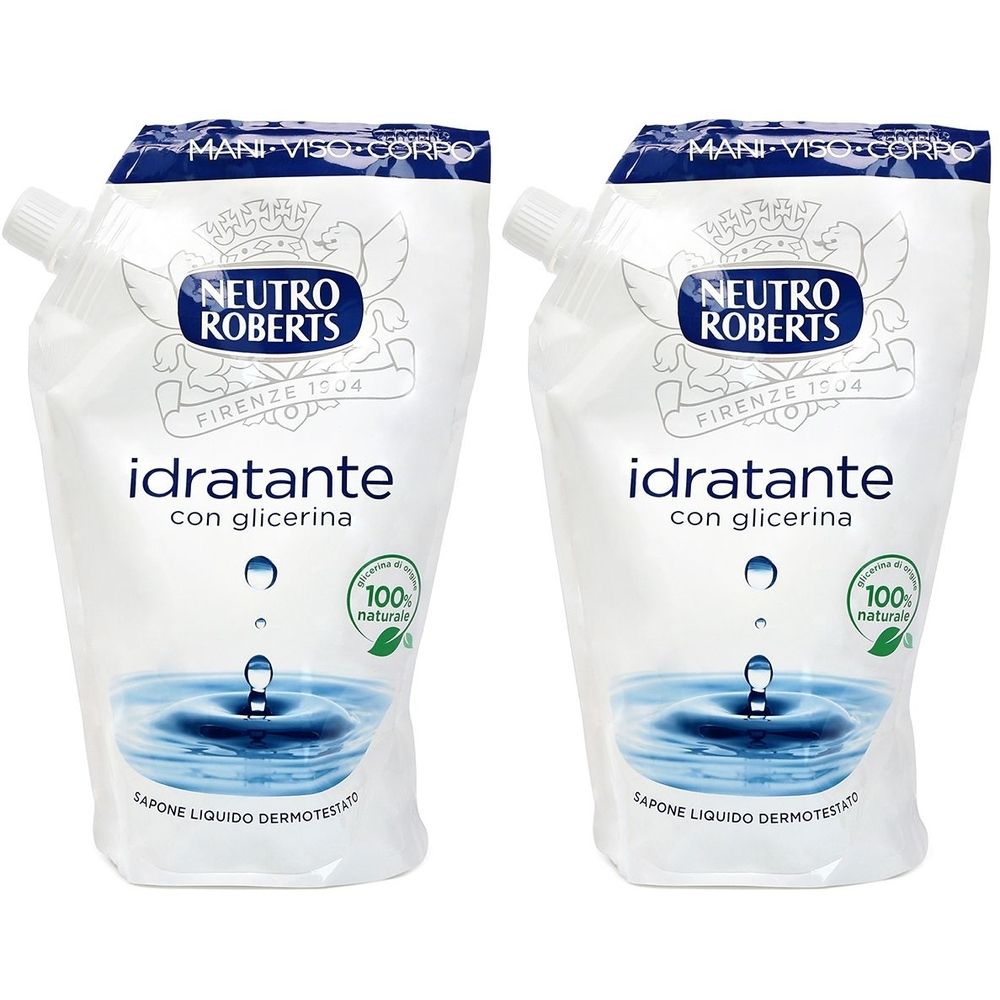 Due confezioni di sapone liquido Neutro Roberts. Scritta: idratante con glicerina. Contiene ingredienti naturali al 100%.