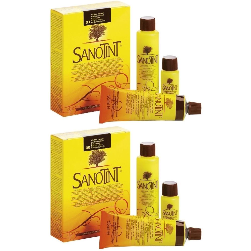 Due set Sanotint Classic Colore. Ogni set include scatola, flaconi e tubi. Confezione gialla con logo del marchio.