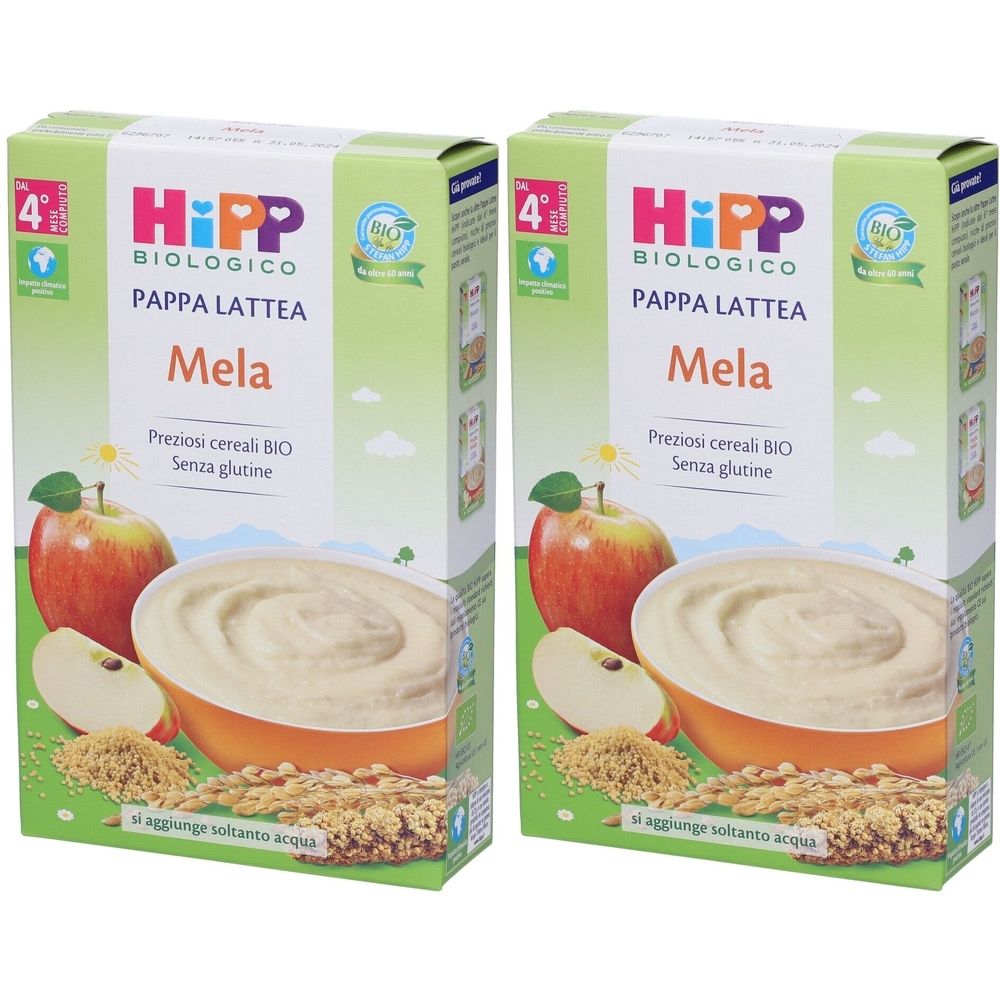 Due confezioni Hipp Bio Pappa Lattea Mela. Immagine di mela, cereali e testo. Sigillo bio.