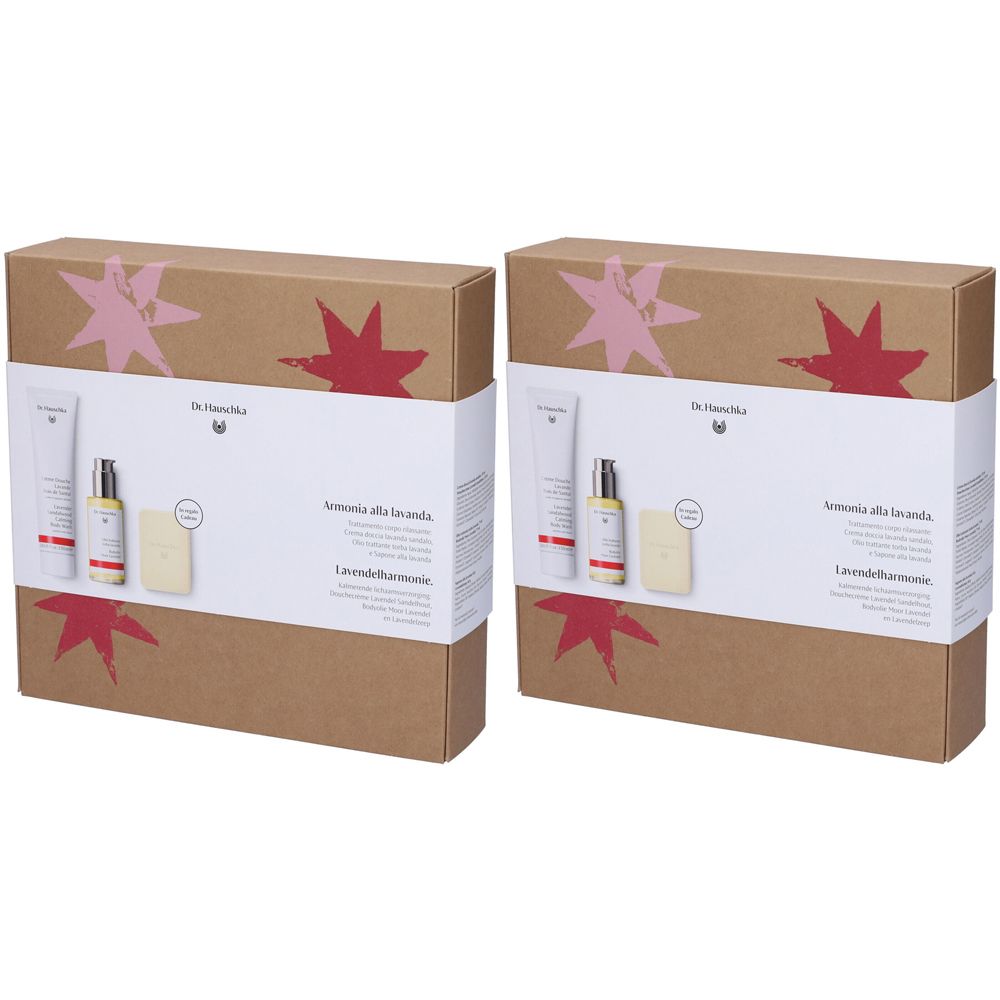 Due confezioni regalo. Scritta: Dr. Hauschka. Prodotti: crema, olio, sapone. Confezione con motivo a stella.
