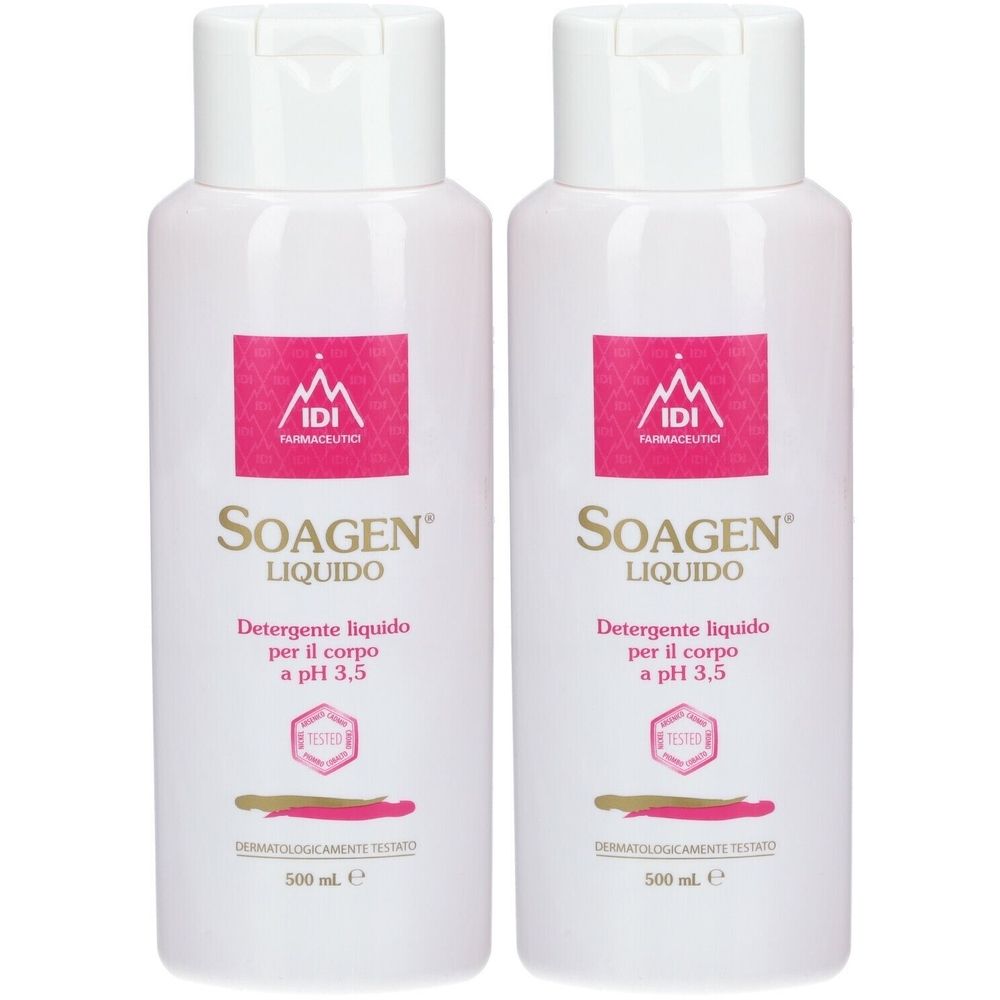 Due flaconi bianchi con etichette rosa. Le etichette riportano "SOAGEN LIQUIDO" e "Detergente liquido per il corpo a pH 3.5".