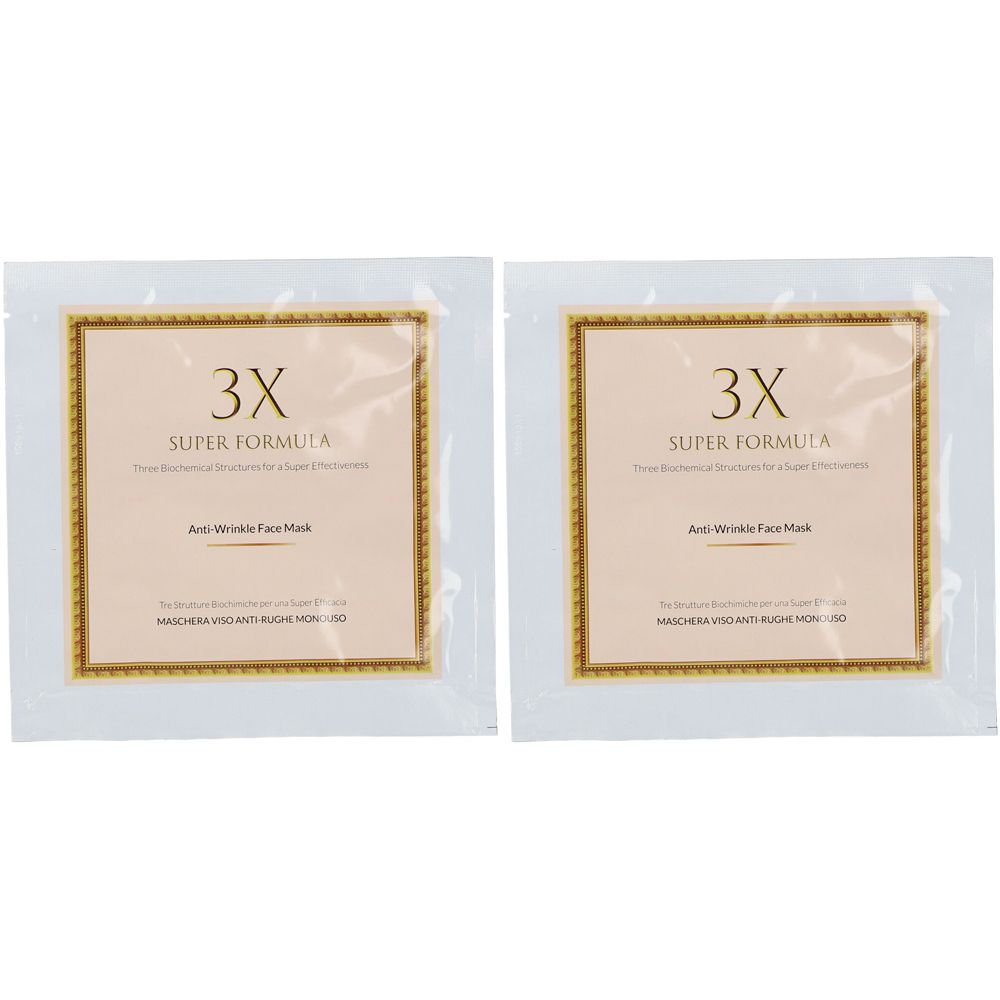 Due confezioni quadrate. Scritta: 3X Super Formula, Anti Wrinkle Face Mask.