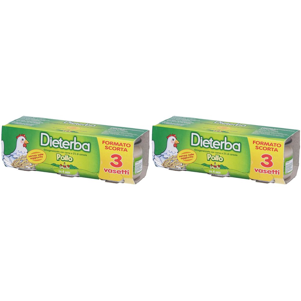 Due confezioni di Dieterba Omogeneizzato Pollo. Confezione verde con dettagli gialli. Scritta "Pollo" e "3 vasetti".
