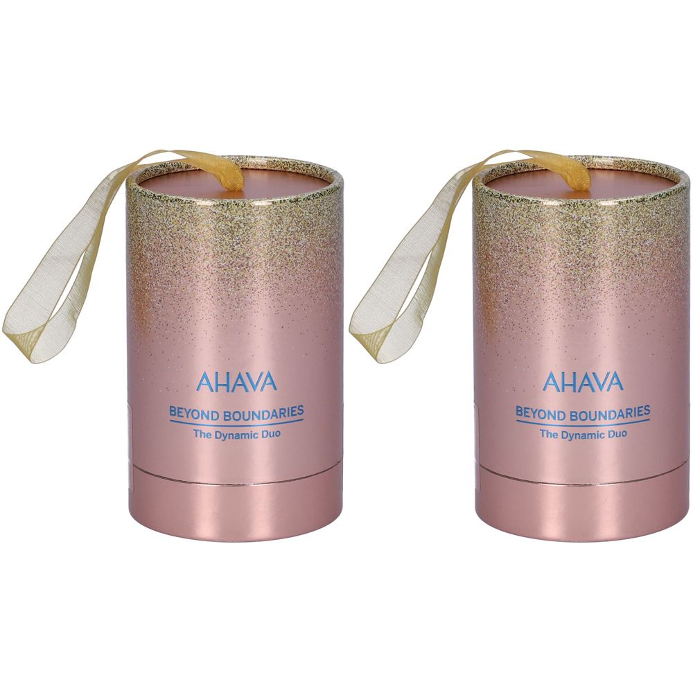 Due confezioni regalo cilindriche rosa con glitter dorati in alto. Scritta AHAVA. Fiocco di nastro.