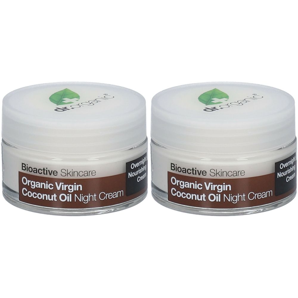 Due vasetti di crema notte. Scritta: Bioactive Skincare, Organic Virgin Coconut Oil Night Cream. Coperchi con logo.