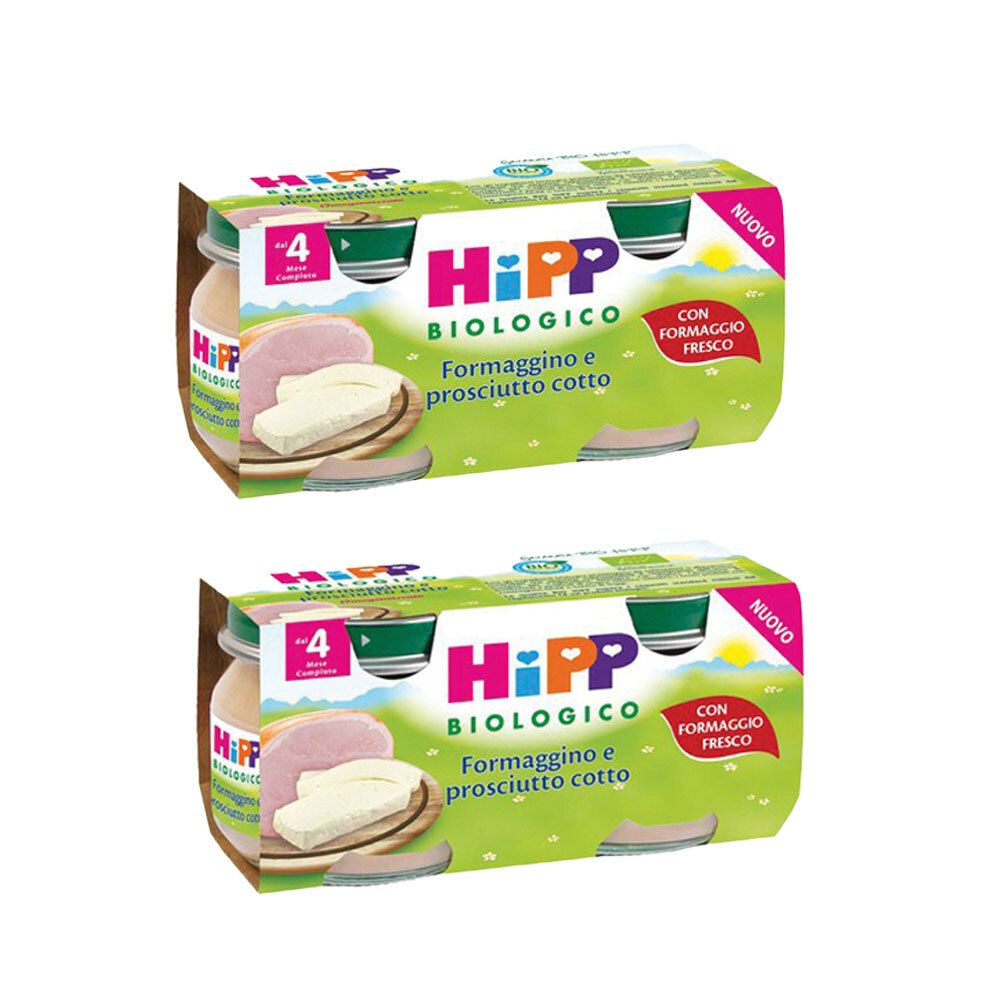 Due confezioni di HiPP Biologico Formaggino e Prosciutto Cotto Omogeneizzato. Confezione con immagine del prodotto e testo.