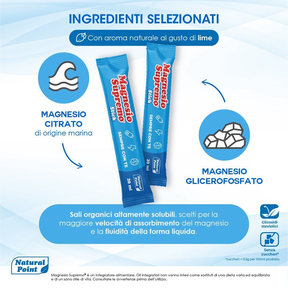 Due stick Magnesio Supremo al gusto di lime, contengono magnesio citrato e glicerofosfato.