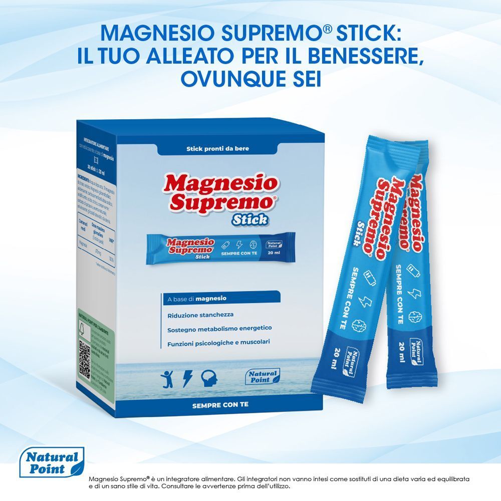 Una confezione e due stick Magnesio Supremo Stick, integratore di magnesio pronto da bere.