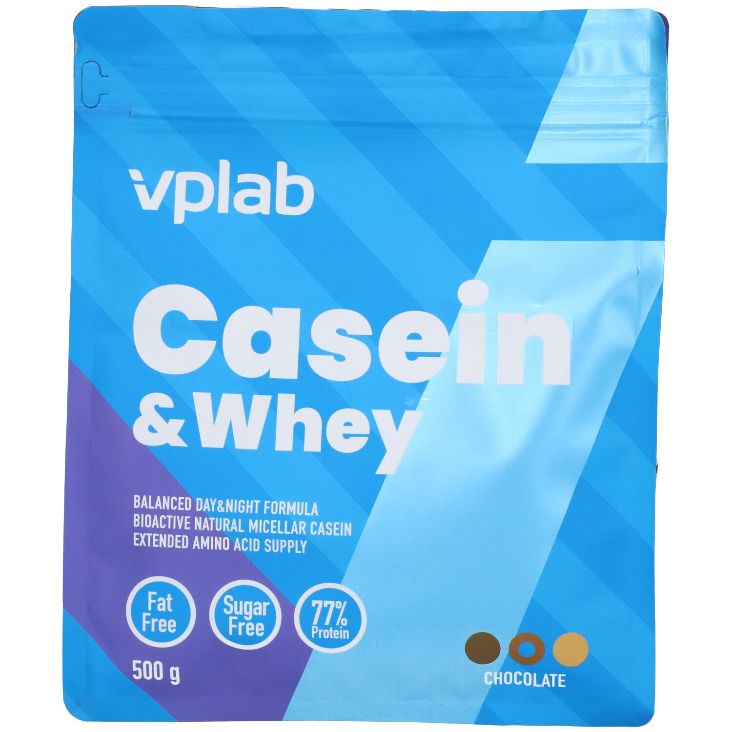 Busta blu Vplab Casein & Whey. 77% proteine, senza grassi e zuccheri. Gusto cioccolato. 500g.