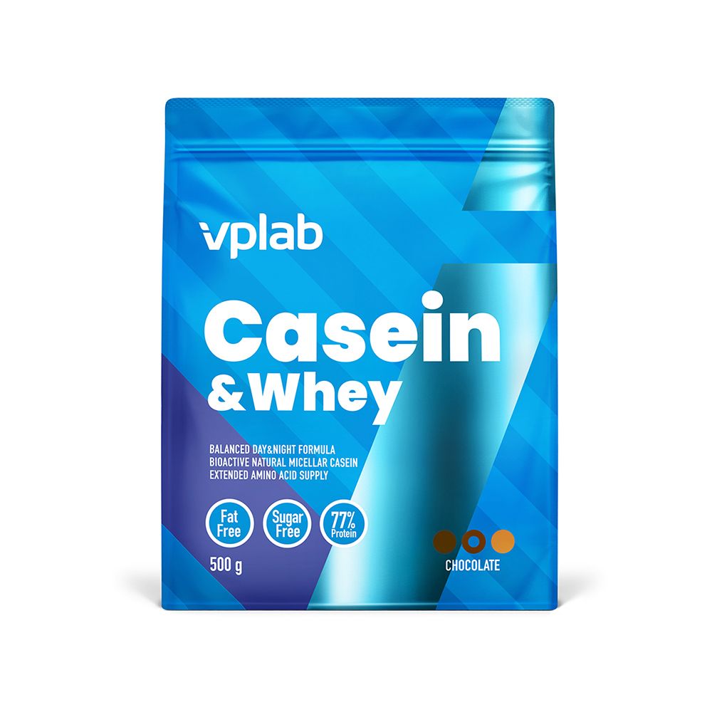 Busta blu Vplab Casein & Whey. 77% proteine, senza grassi e zuccheri. Gusto cioccolato. 500g.