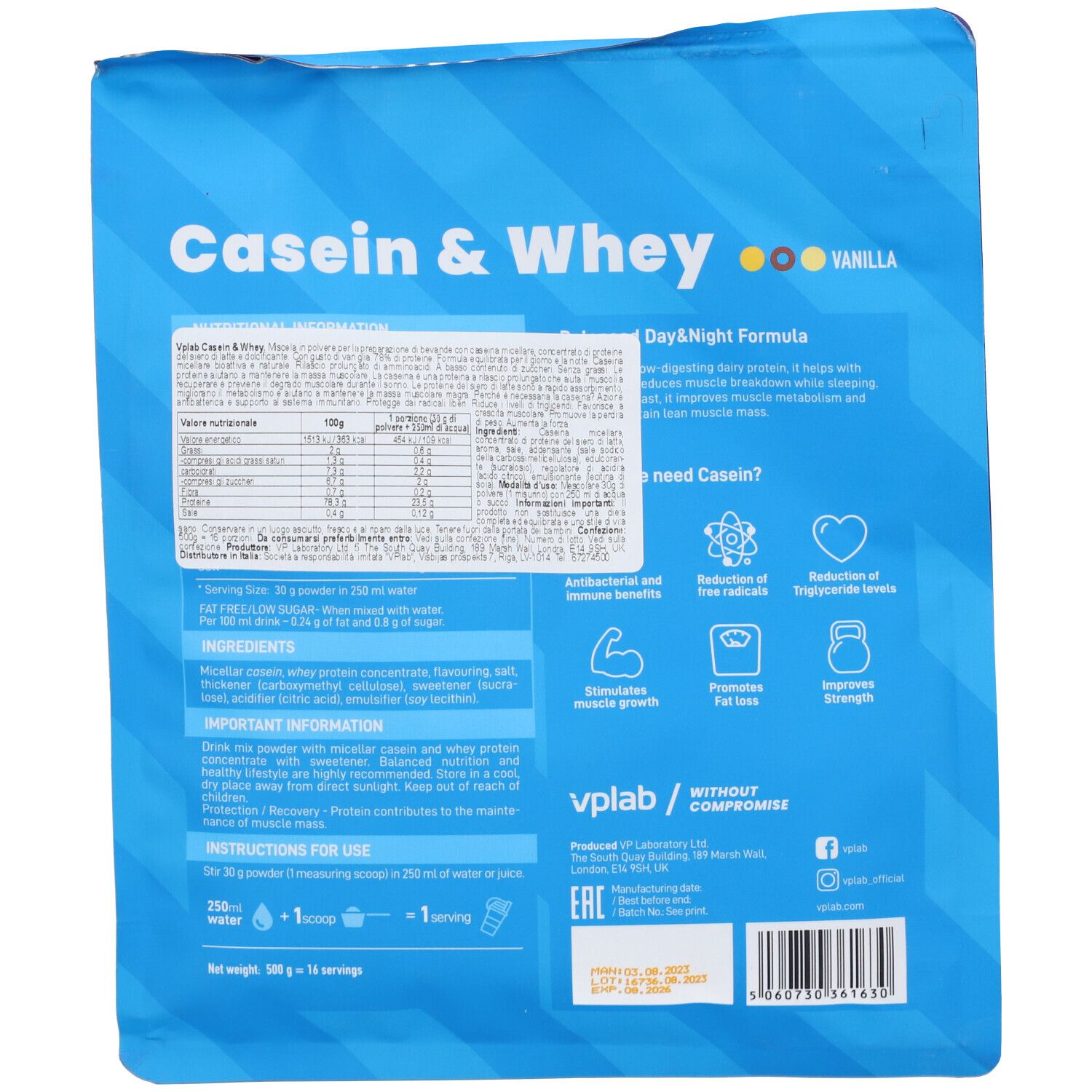 Retro della busta blu Casein & Whey. Logo Vplab. Contiene informazioni nutrizionali, ingredienti e istruzioni. Gusto vaniglia.