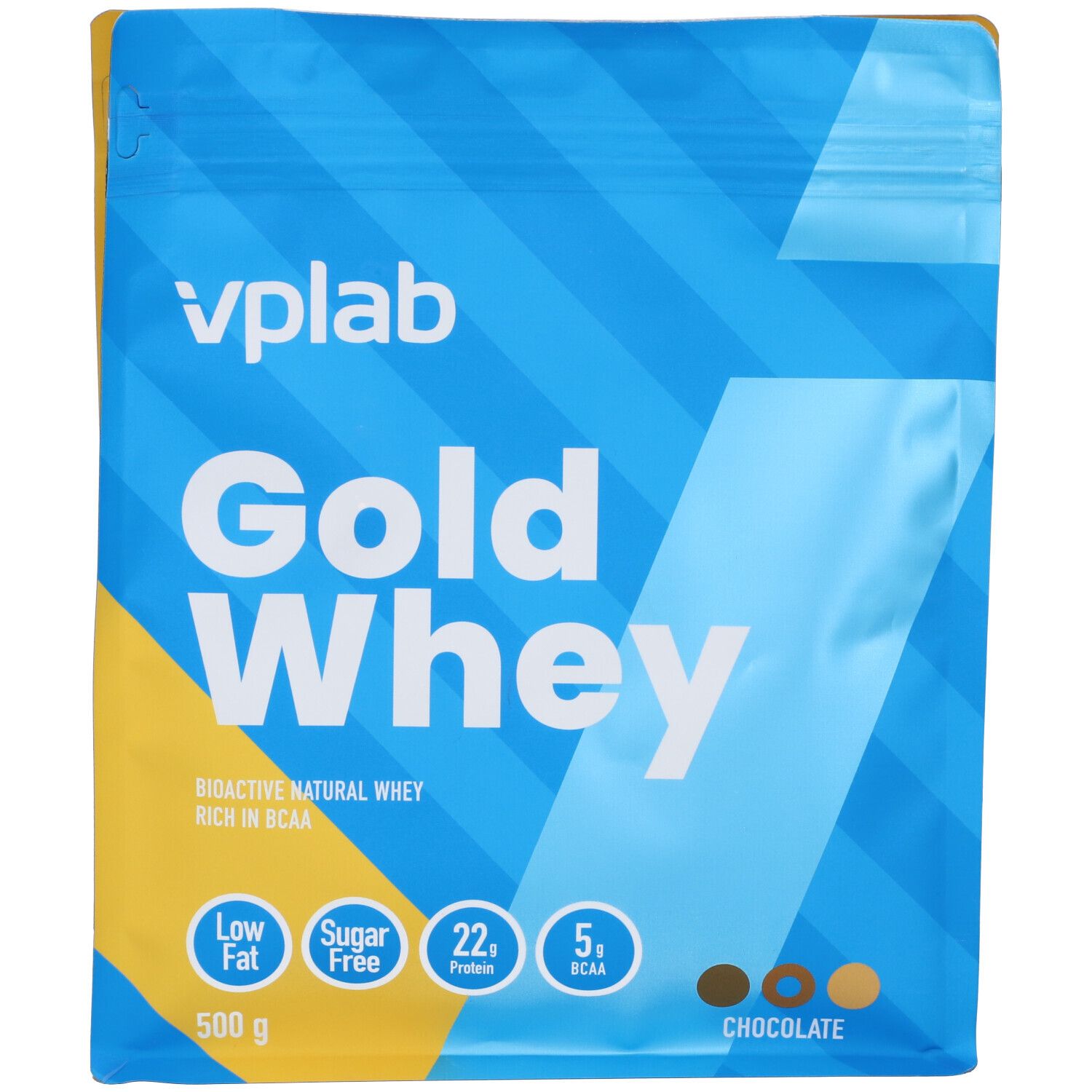 Confezione blu 'Gold Whey'. Contiene informazioni su grassi, zuccheri, proteine e BCAA. 'Chocolate' in basso.
