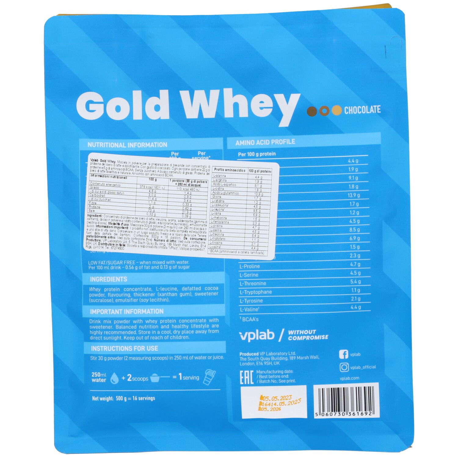 Retro confezione blu 'Gold Whey'. Contiene informazioni nutrizionali, profilo aminoacidi, ingredienti e istruzioni per l'uso.