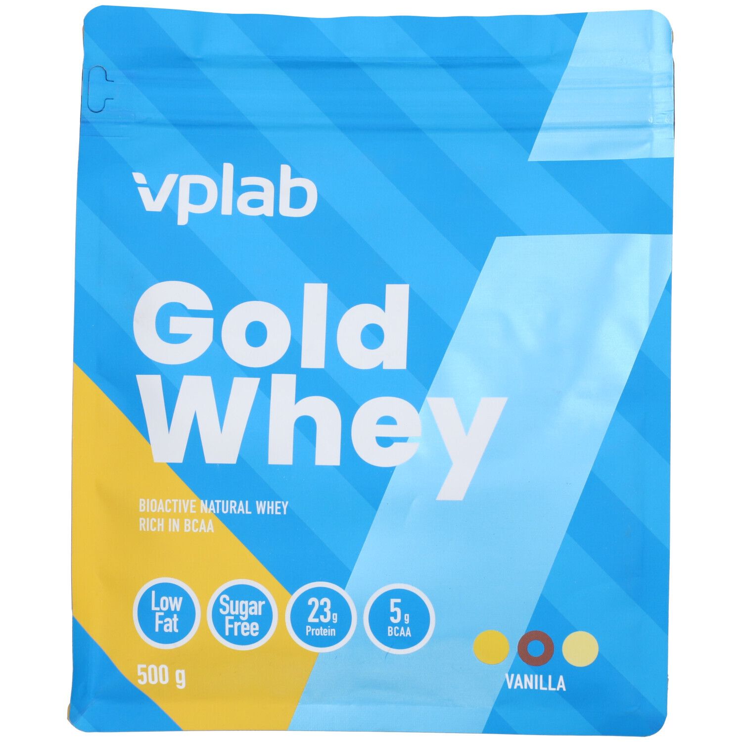 Confezione blu 'vplab Gold Whey'. Contiene informazioni su grassi, zuccheri, proteine e BCAA. Gusto vaniglia. Peso netto 500g.