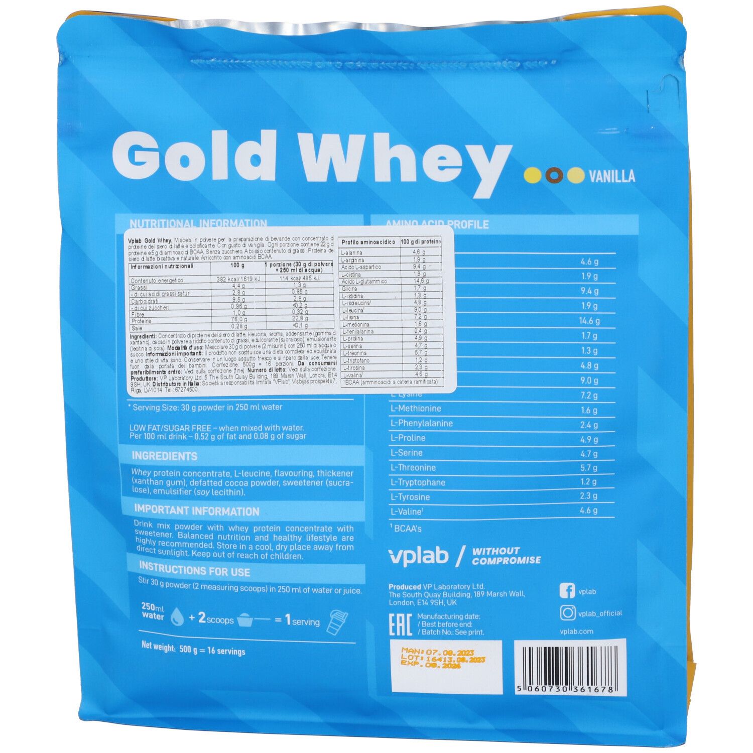 Retro confezione 'vplab Gold Whey'. Contiene informazioni nutrizionali, profilo aminoacidico, ingredienti e istruzioni. Gusto vaniglia. 500g.