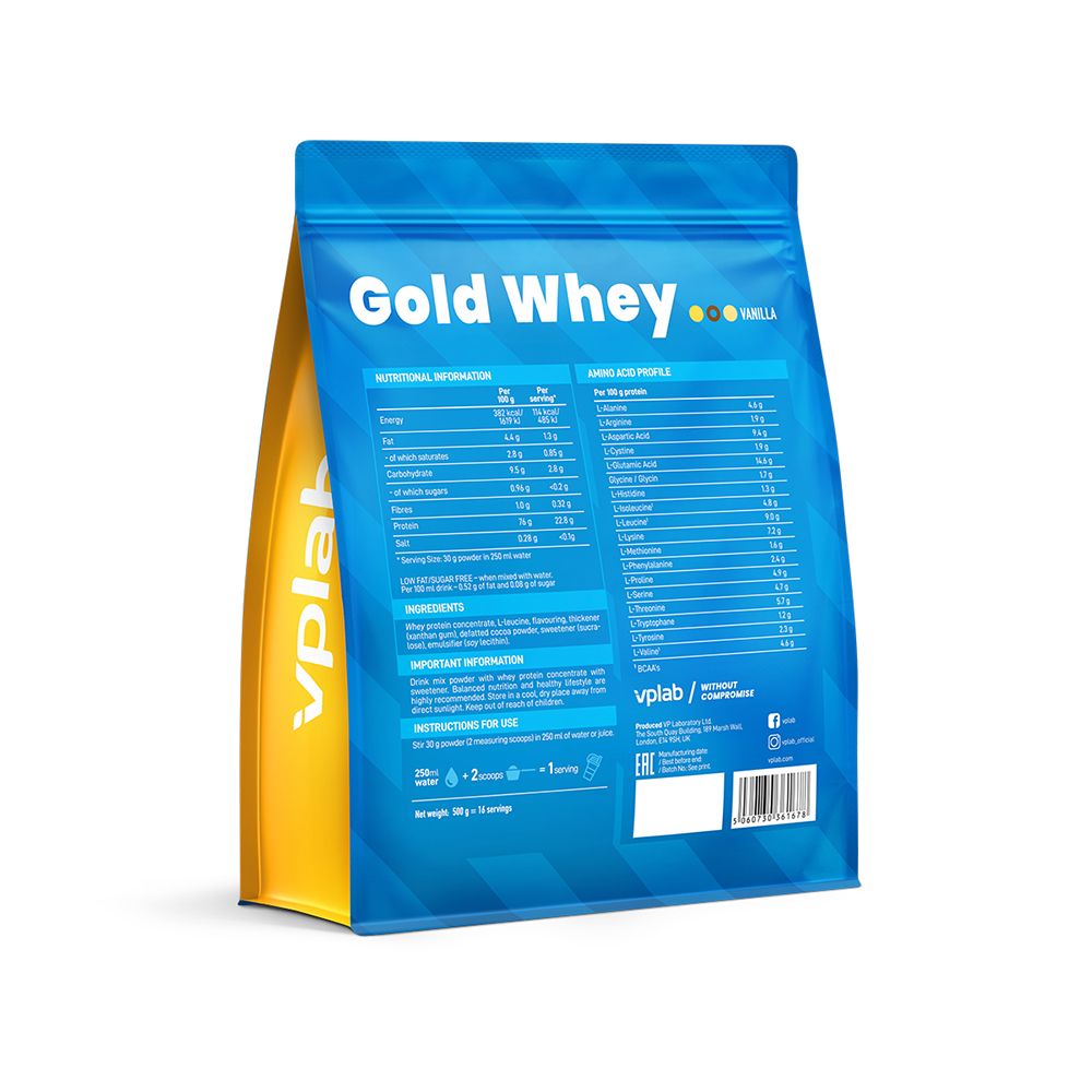 Retro confezione 'vplab Gold Whey'. Contiene informazioni nutrizionali, profilo aminoacidico, ingredienti e istruzioni. Gusto vaniglia.