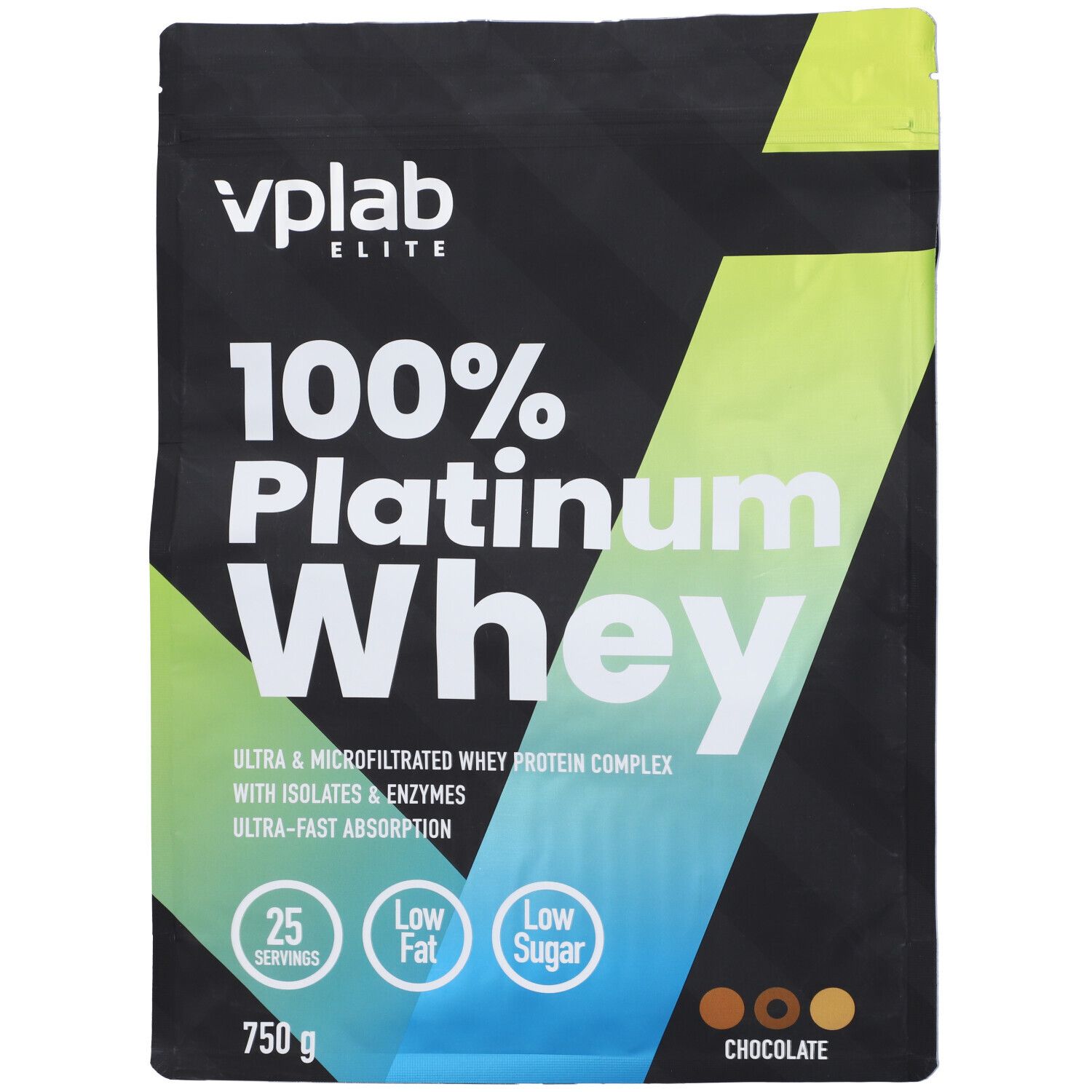 Confezione nera Vplab Elite 100% Platinum Whey. Testo: 25 porzioni, Low Fat, Low Sugar, 750g, Chocolate.