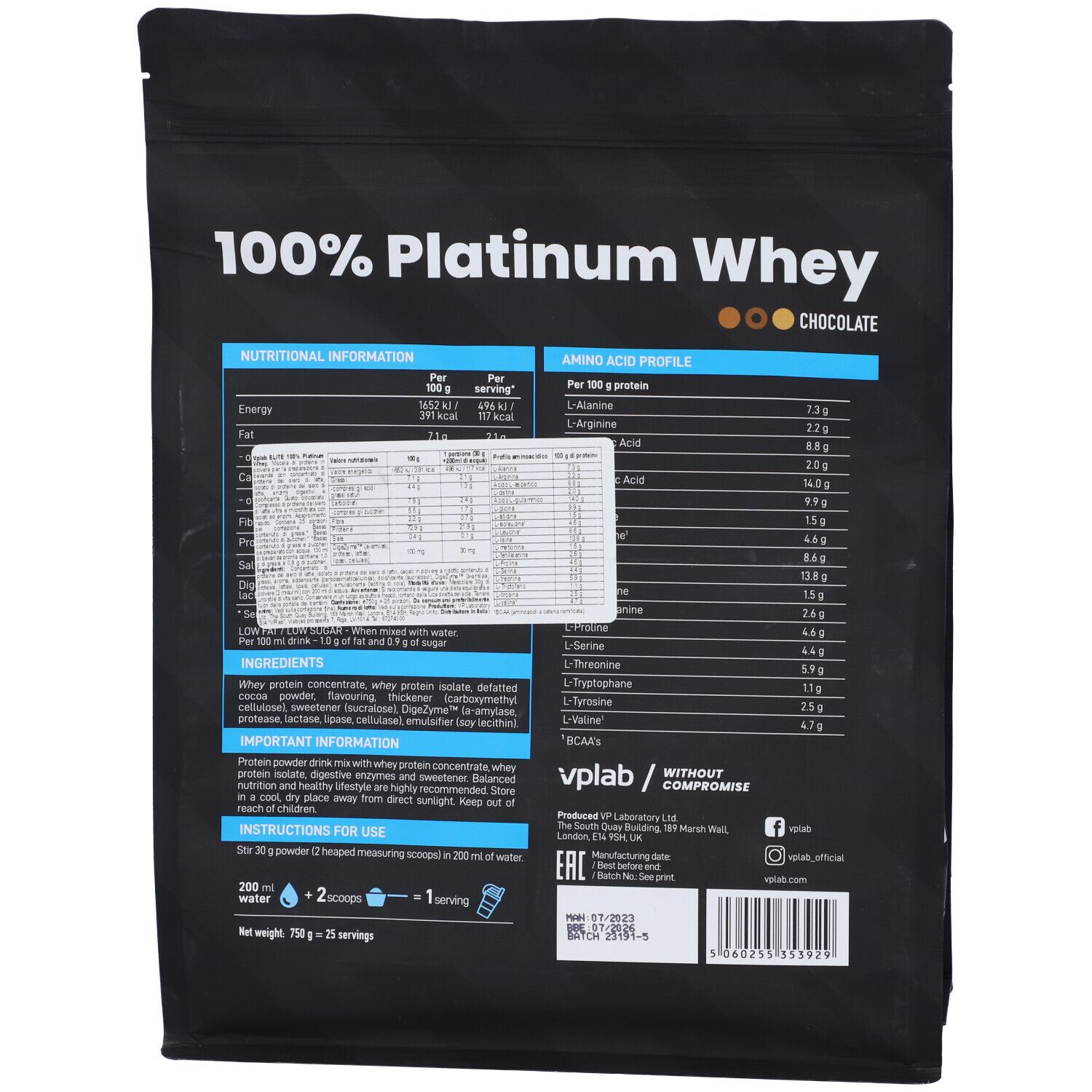 Retro della confezione nera Vplab Elite 100% Platinum Whey. Contiene informazioni nutrizionali, ingredienti e istruzioni per l'uso.
