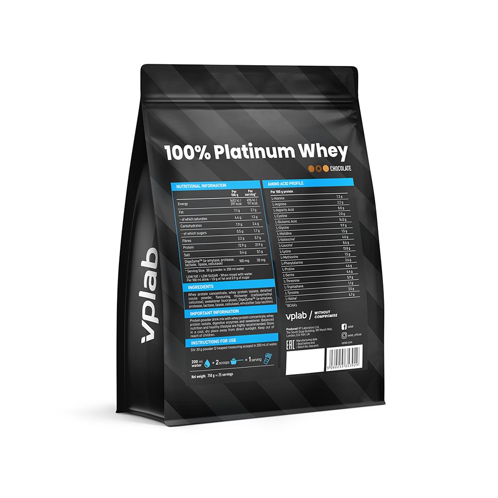 Retro della confezione nera Vplab Elite 100% Platinum Whey. Contiene informazioni nutrizionali, ingredienti e istruzioni per l'uso.
