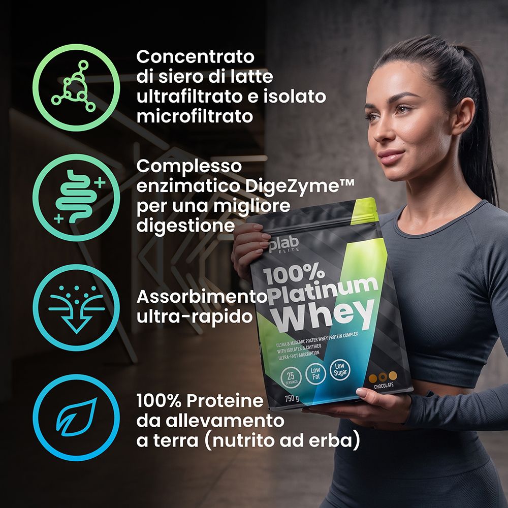 Proteine VPLAB 100% Platinum Whey in polvere gusto cioccolato, busta da 750g con icone per proteine, digestione e assorbimento rapido.