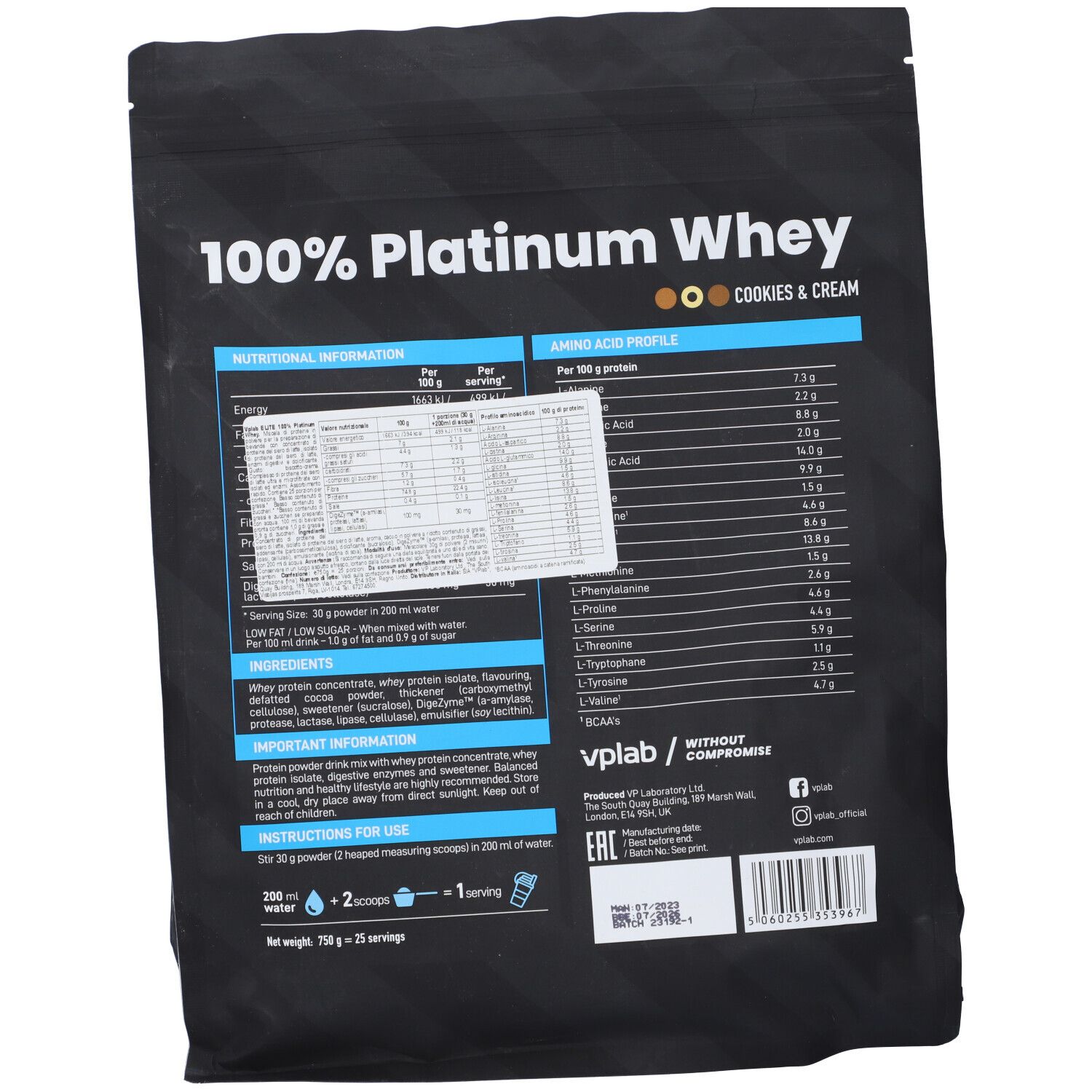 Retro della confezione nera Vplab Platinum Whey. Contiene informazioni nutrizionali, profilo aminoacidico e istruzioni. Cookies & Cream.