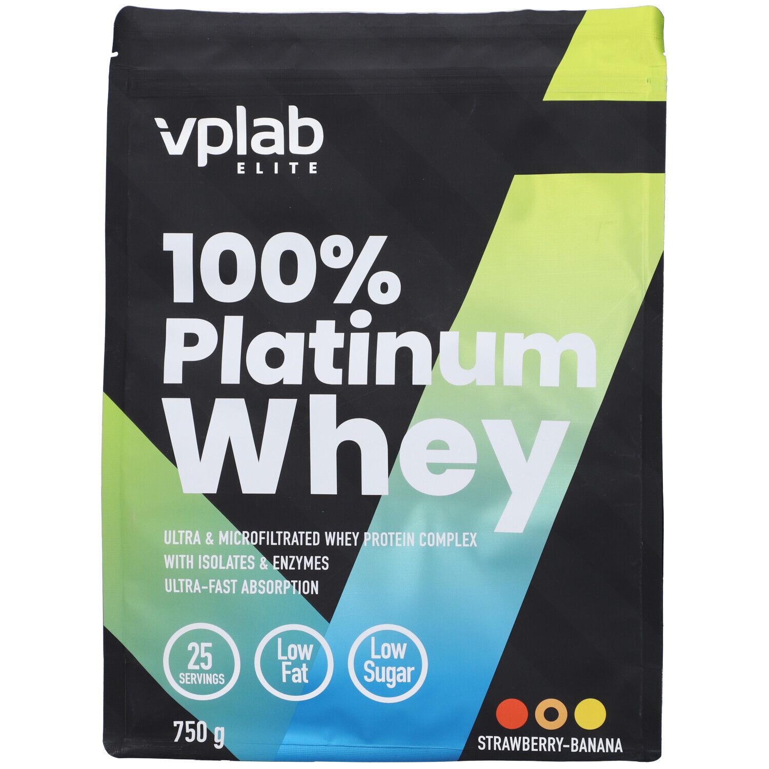 Confezione nera "Vplab Elite 100% Platinum Whey". 25 porzioni, a basso contenuto di grassi e zuccheri. 750g. Gusto fragola-banana.