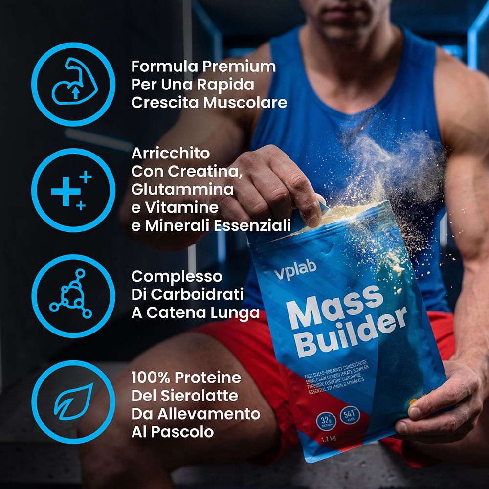 Proteine VPLAB Mass Builder in polvere, busta da 1.1kg con icone per la costruzione muscolare, creatina, vitamine e carboidrati.