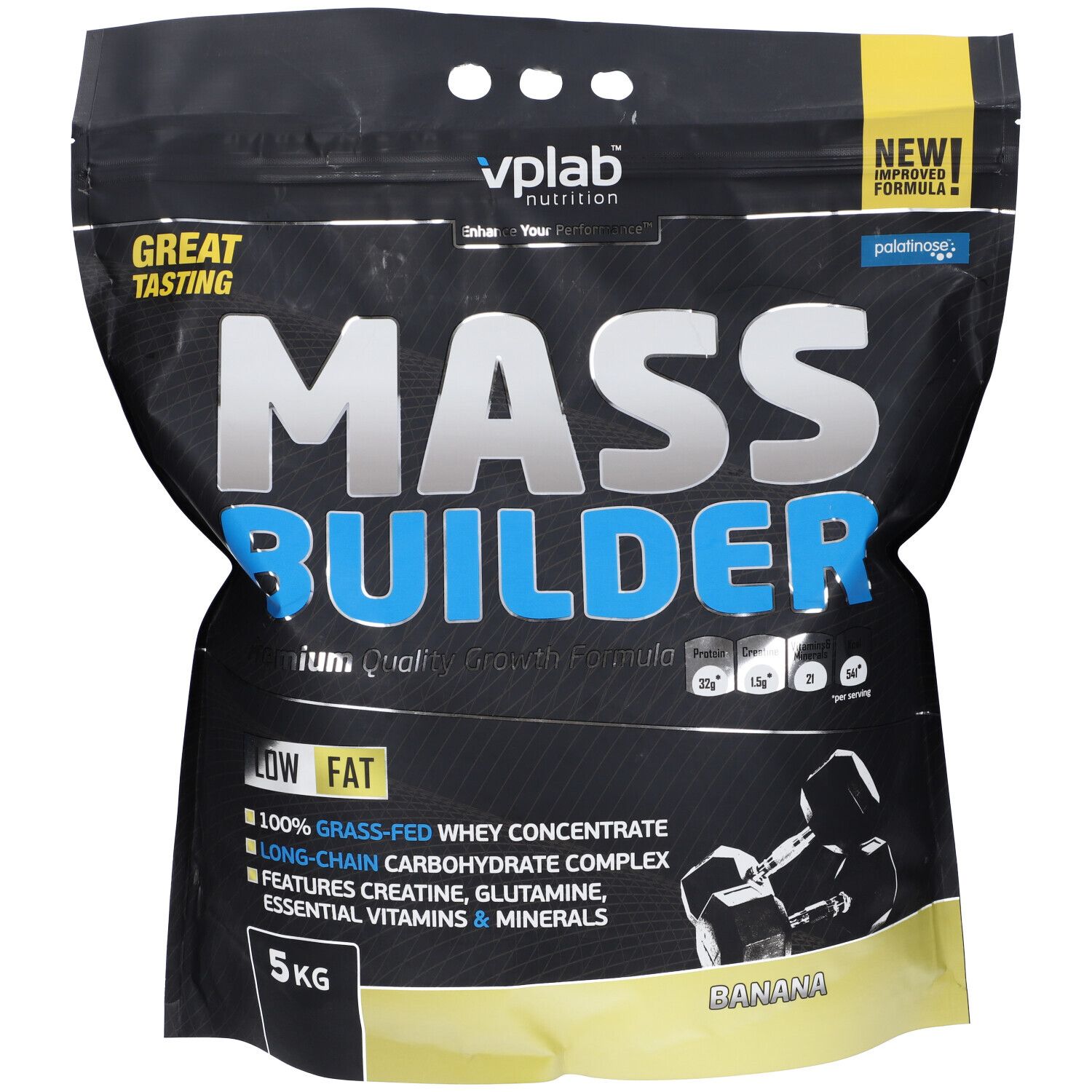 Confezione nera "Mass Builder" e logo "Vplab". Contiene informazioni sugli ingredienti e sul gusto banana. 5 kg.