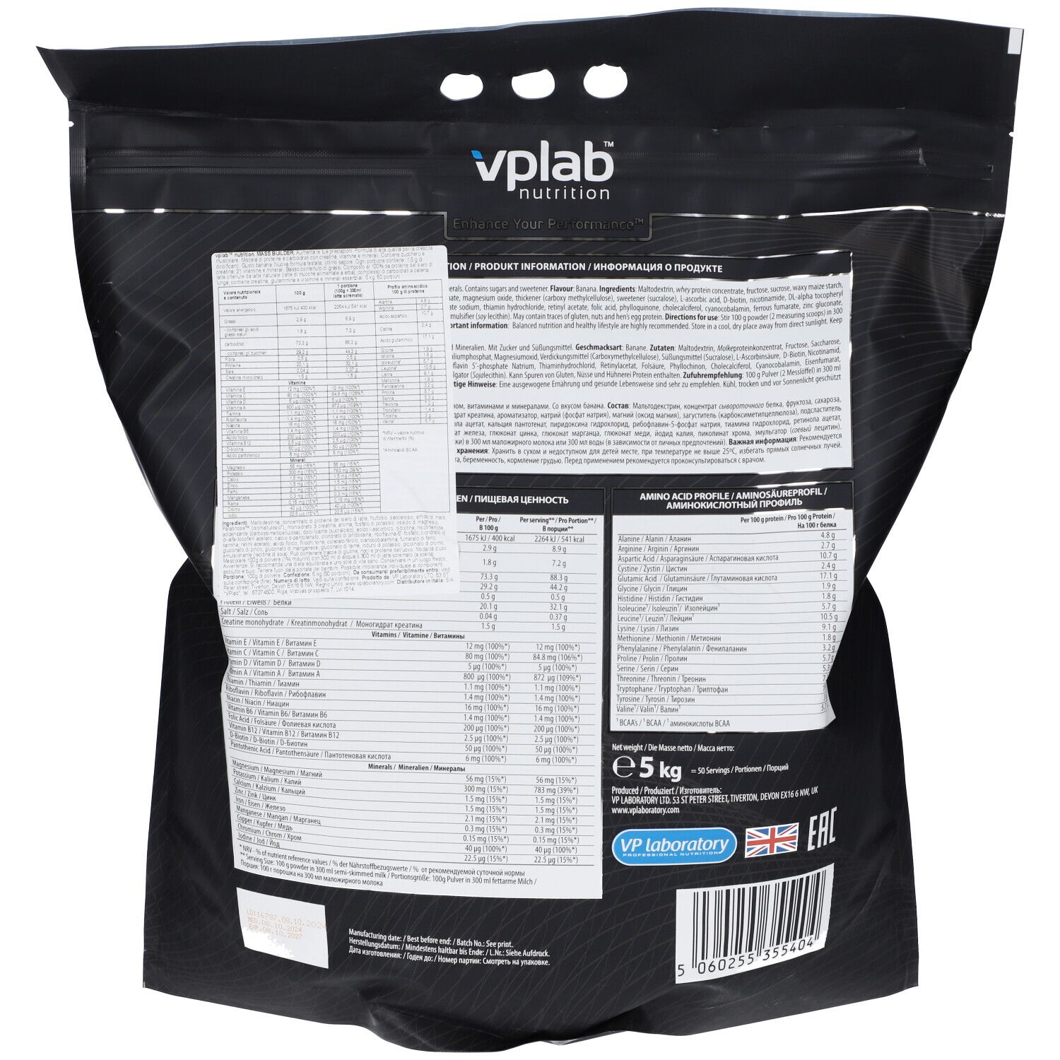 Retro di un sacchetto nero con testo. Contiene informazioni sugli ingredienti, il valore nutrizionale e il produttore. 5 kg.