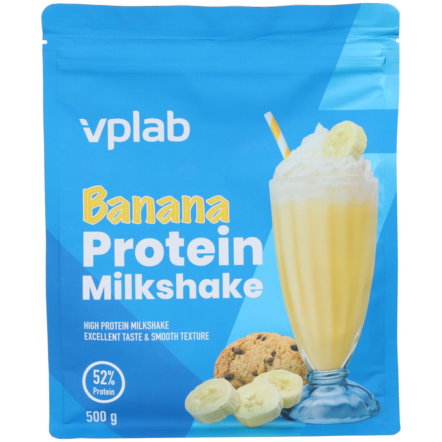 Confezione blu "Vplab" con "Banana Protein Milkshake". Immagine di milkshake, banana, biscotto.