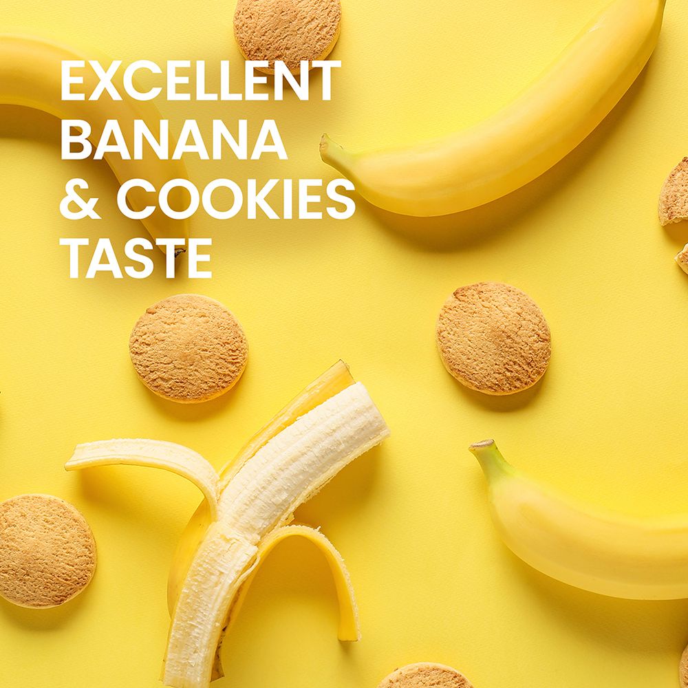 Sfondo giallo con banane e biscotti. Testo: "EXCELLENT BANANA & COOKIES TASTE".